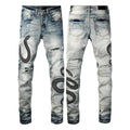 Women's blue distressed skinny jeans with mid-waist fit and button fly detail