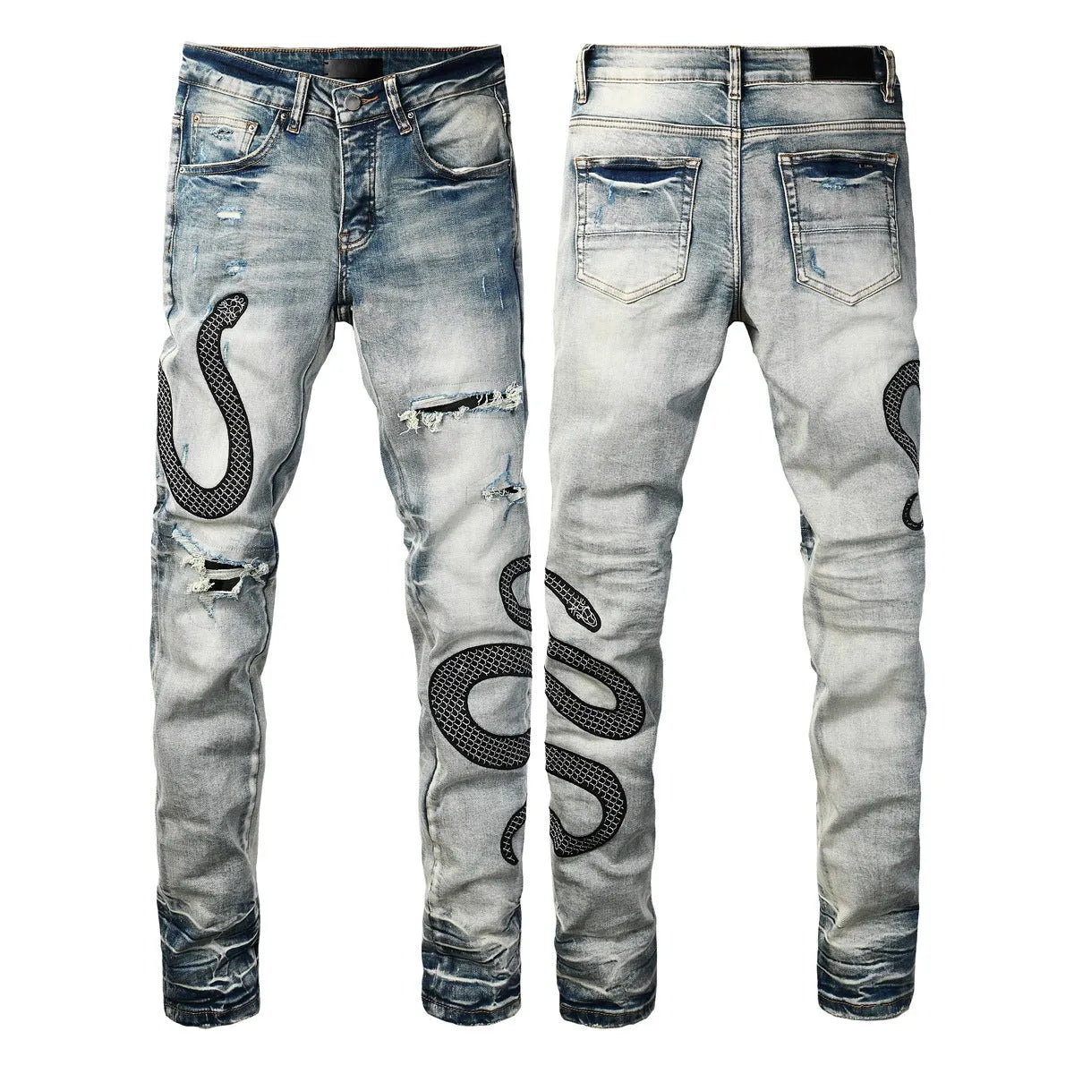 Women's blue distressed skinny jeans with mid-waist fit and button fly detail