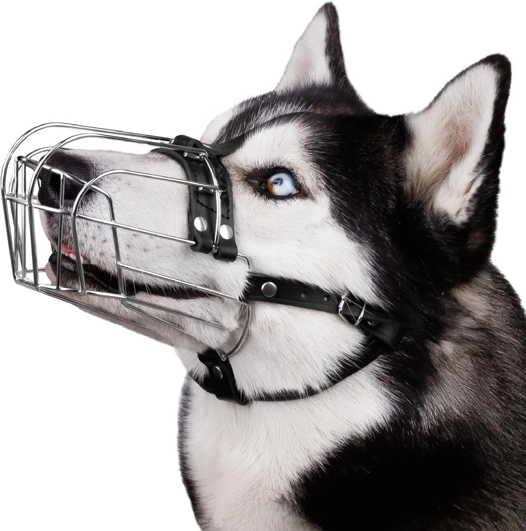 Black metal mesh dog muzzle designed for Golden Retrievers and German Shepherds.