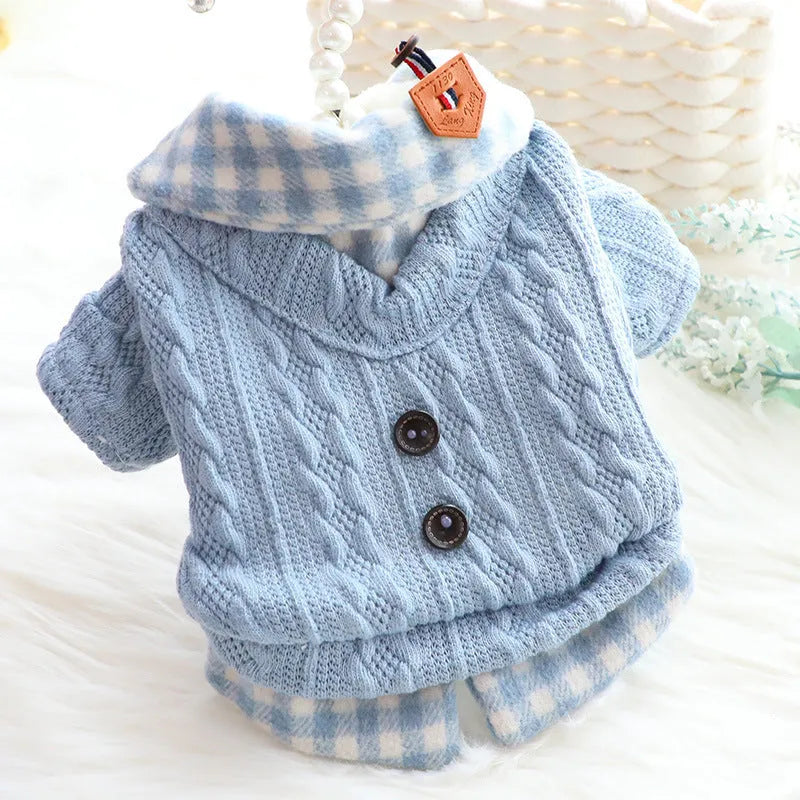 Wool plaid fake two pieces dog sweater in blue with fleece lining for small to large dogs