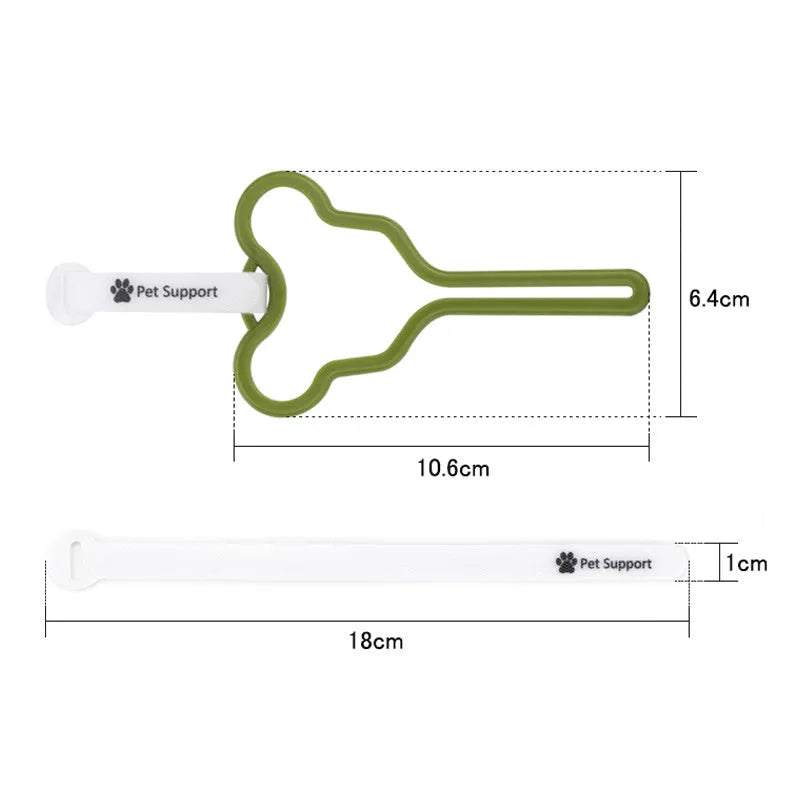 Hands-free dog poop bag holder with adjustable Velcro strap attached to a dog lead