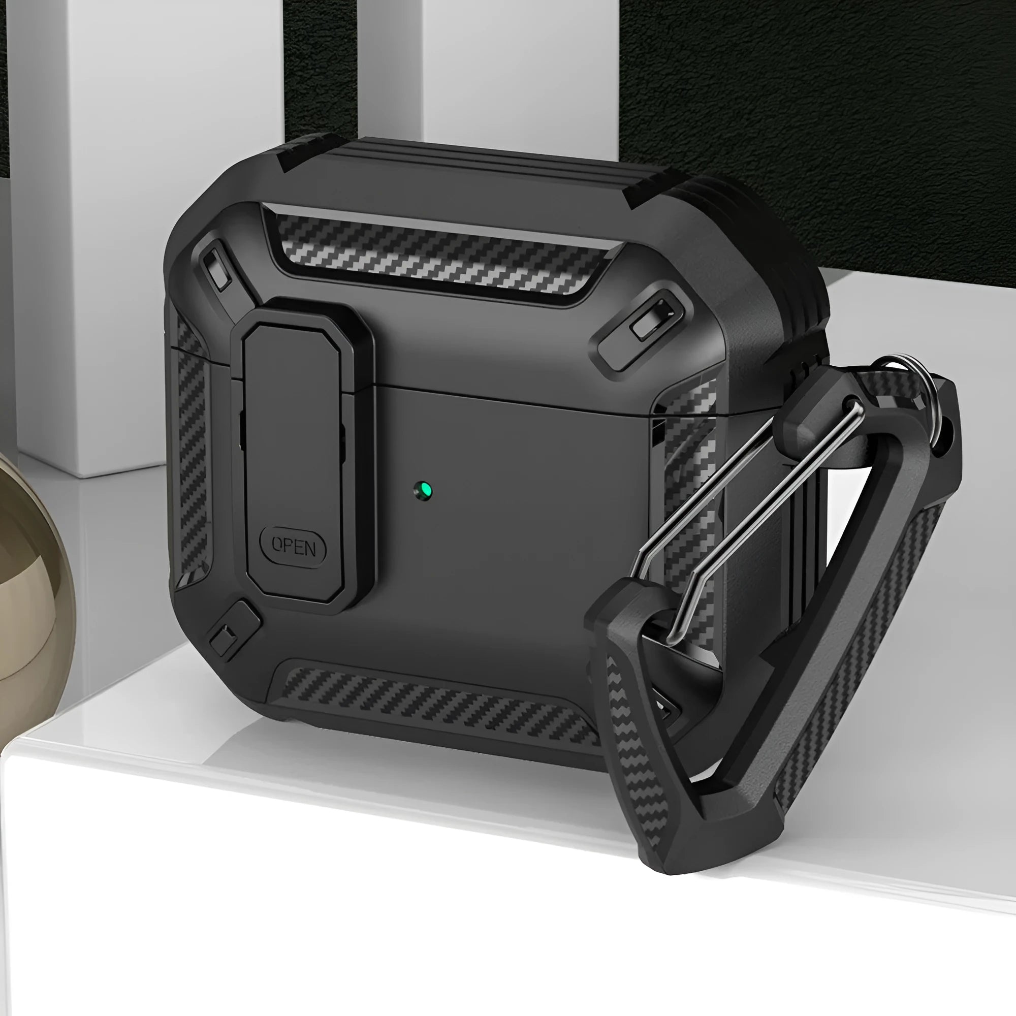 Two-tone plastic clamshell case for AirPods with carabiner hook attached