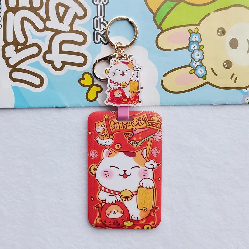 Lucky cat blessing certificate set with plastic card sleeve and ferrule pendant in cartoon style