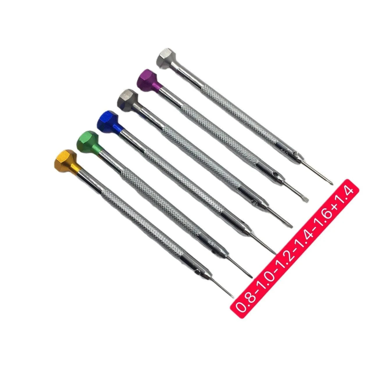 Six colour-coded watch repair screwdrivers with aluminium handles for children's watch maintenance