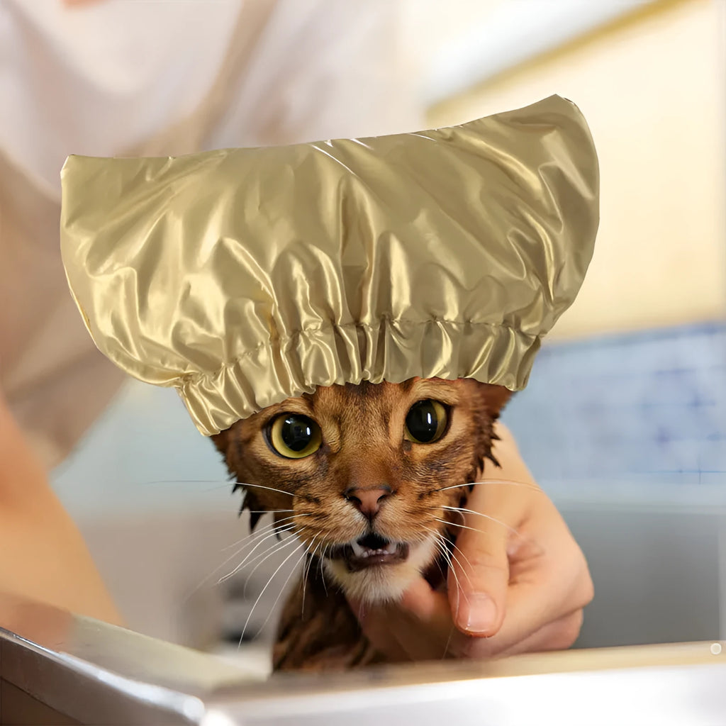 Adjustable waterproof pet shower cap for cats and dogs in silver colour showing ear protection design