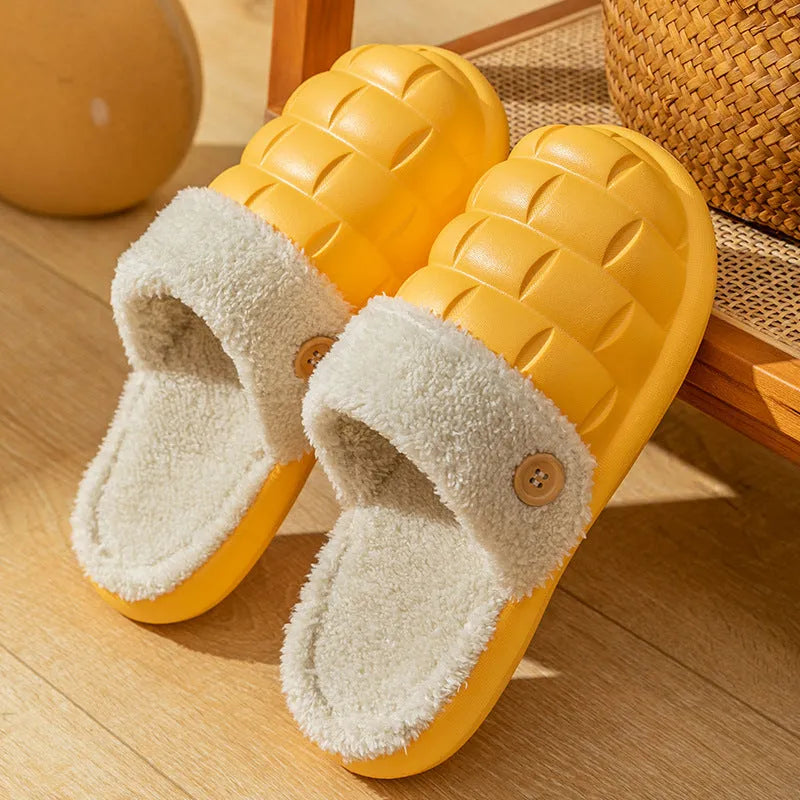Plaid detachable EVA slippers for women with plush lining and a non-slip sole, shown in pink colour.