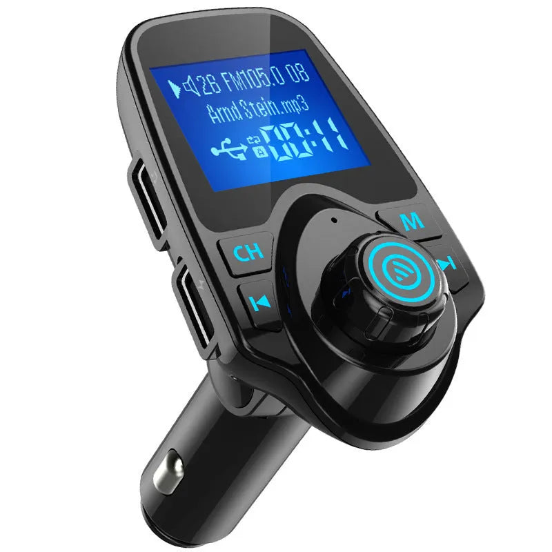 Black G7 car Bluetooth hands-free FM transmitter with USB port and card slot plugged into a 12V socket.