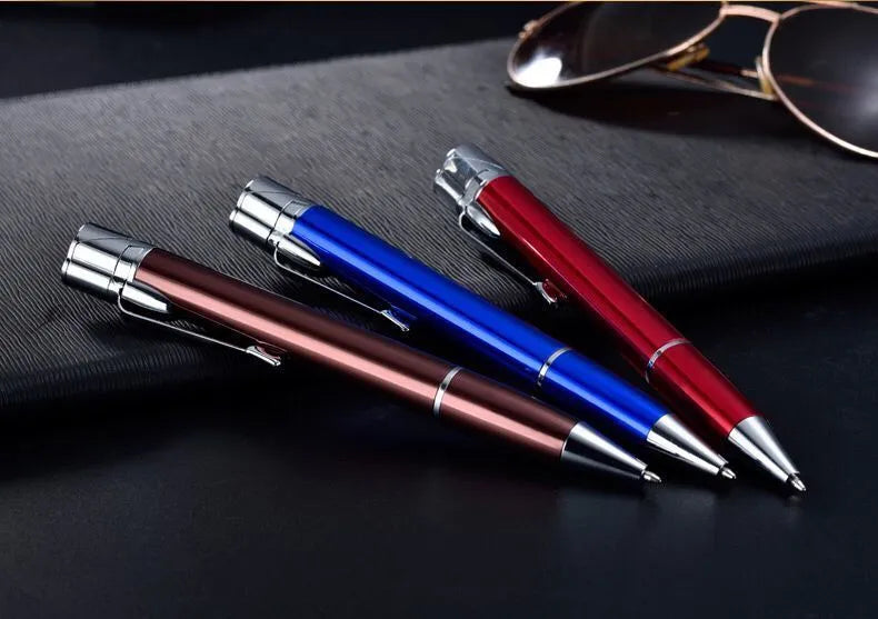 Creative metal signature pen lighter with windproof turbo jet flame in black, with pen clip and side press ignition