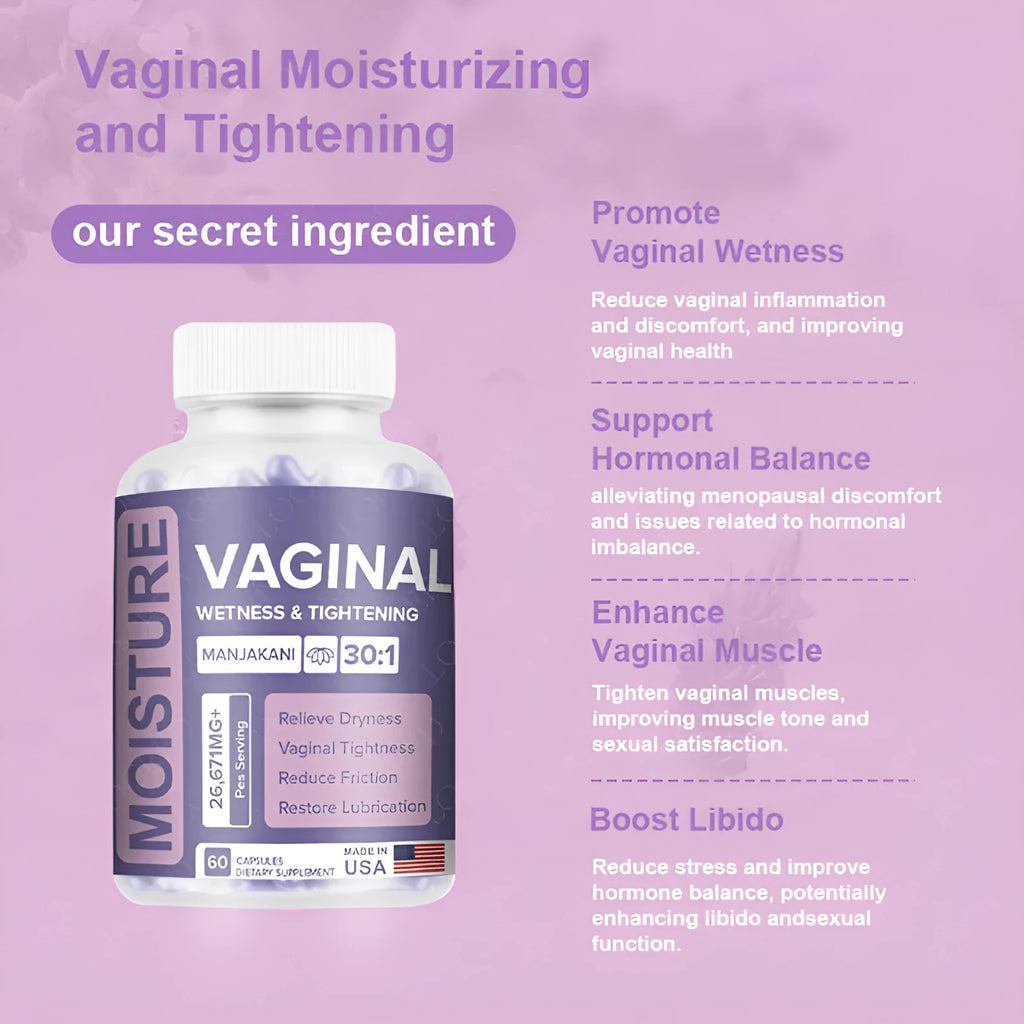 A bottle containing 60 herbal vaginal capsules for women's intimate wellness.