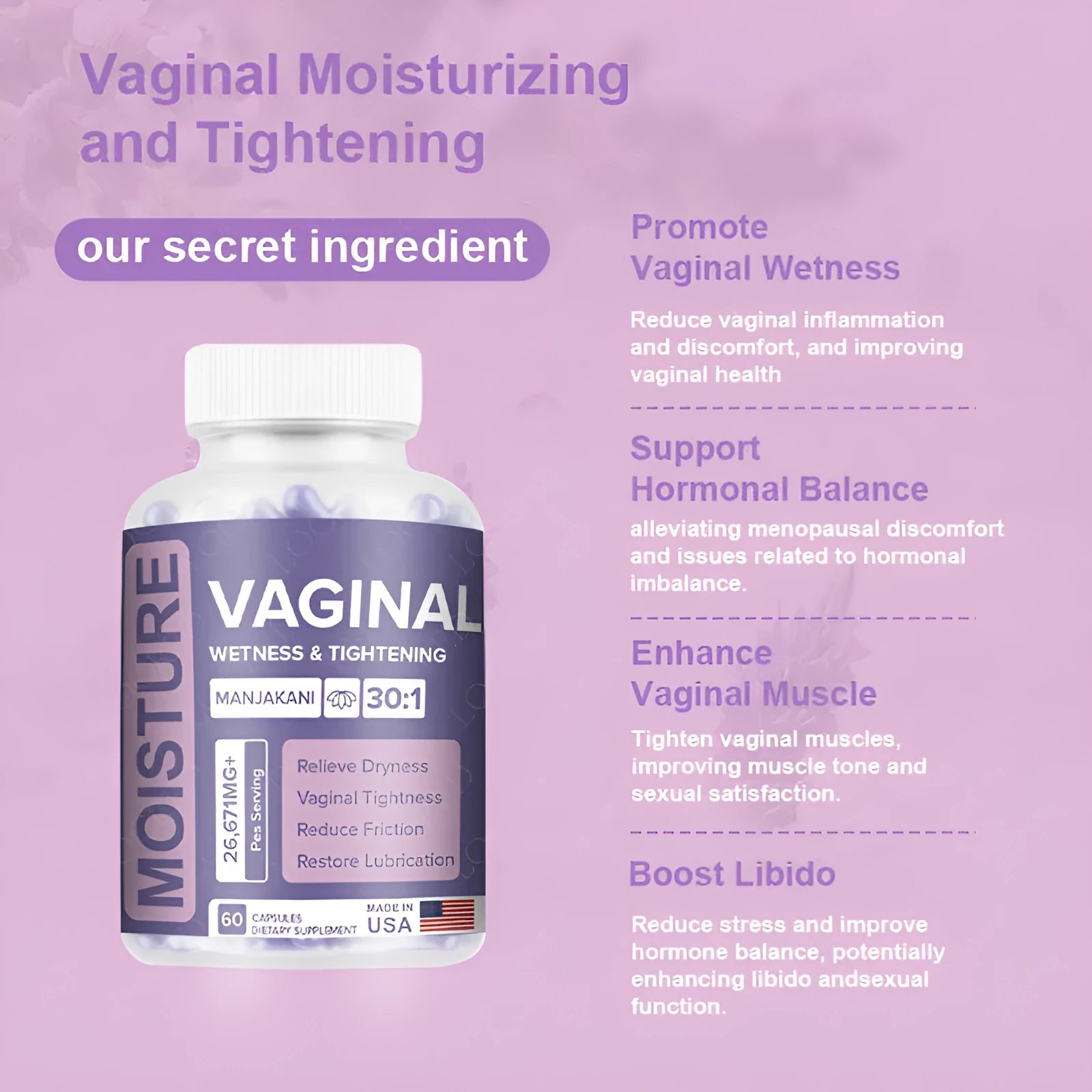 A bottle containing 60 herbal vaginal capsules for women's intimate wellness.