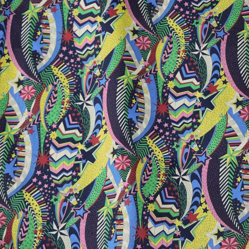 Blue high-count cotton fabric with digital print of plants and flowers, 145cm wide