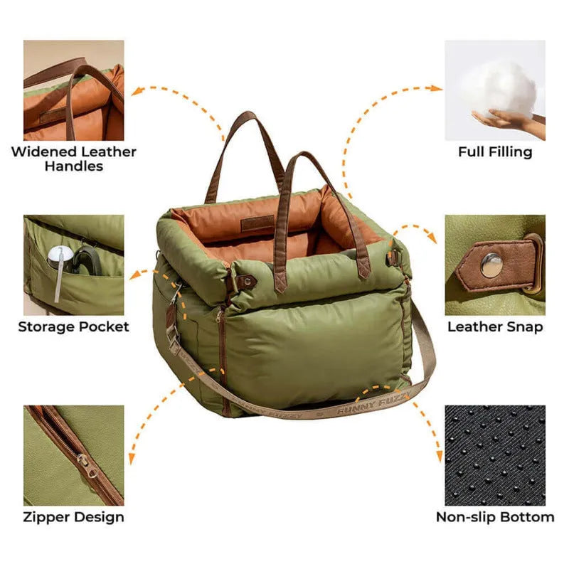 Green waterproof PU leather dog car nest bed with removable cover, oval shape.