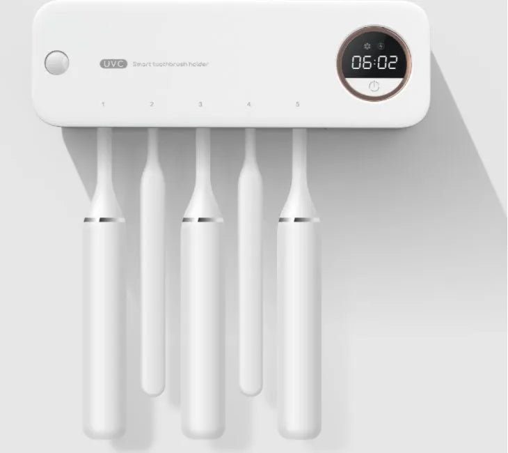 UV toothbrush holder sterilizer with LED display, black, wall-mounted with toothbrush inside