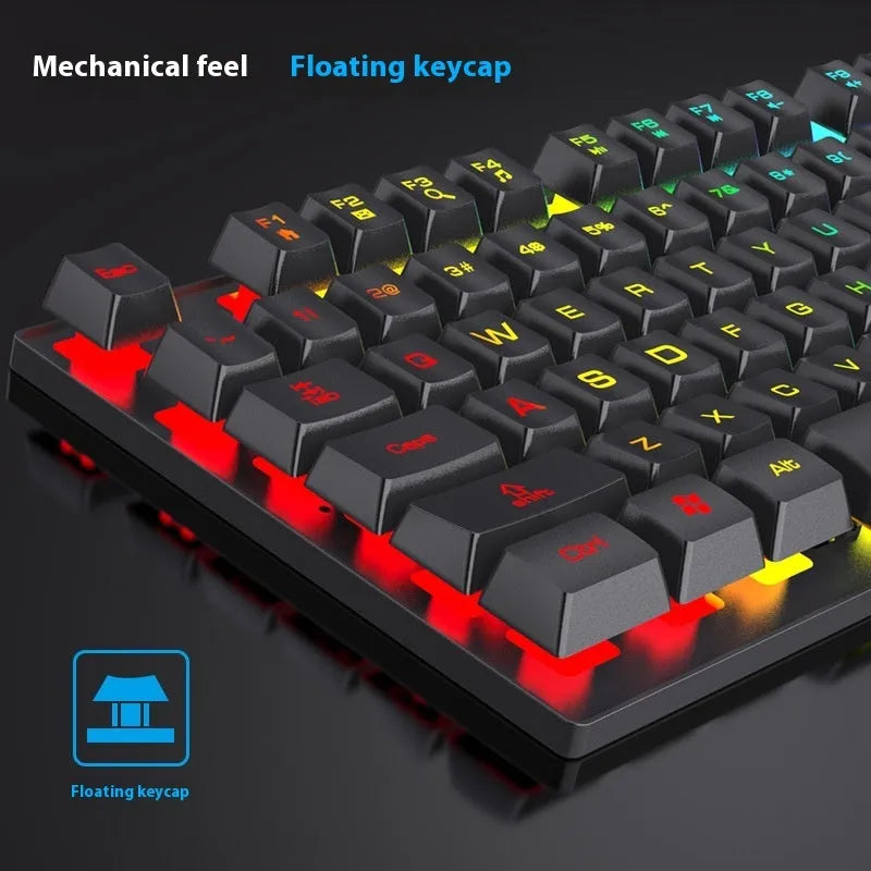 Black mechanical gaming keyboard with 104 keys and backlight on desk