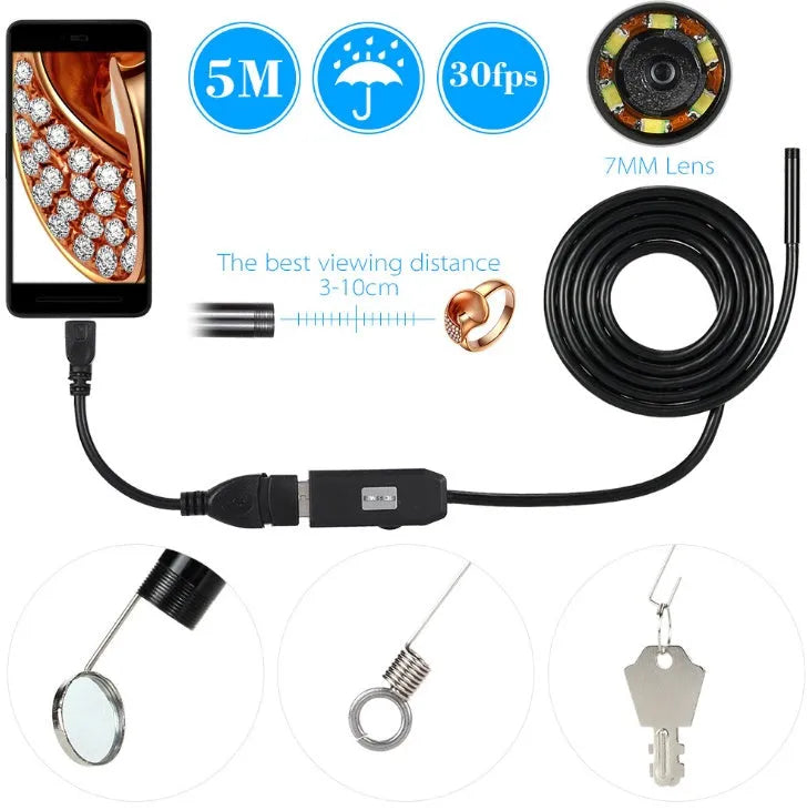 OWSOO USB endoscope camera with 5 metre cable, 7mm lens, and six LED lights for phone and computer inspection
