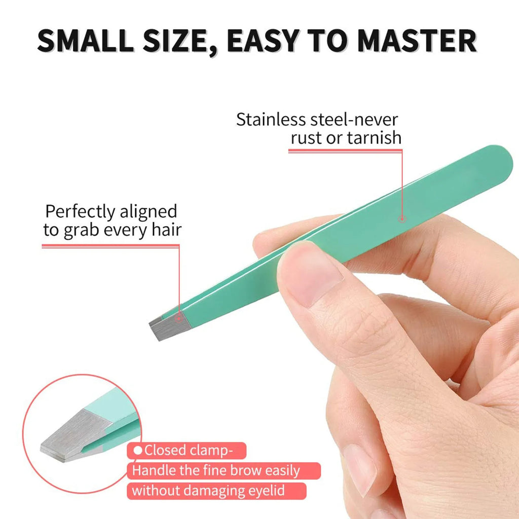 Professional six-piece eyebrow tweezer set with stainless steel tools and leather travel case