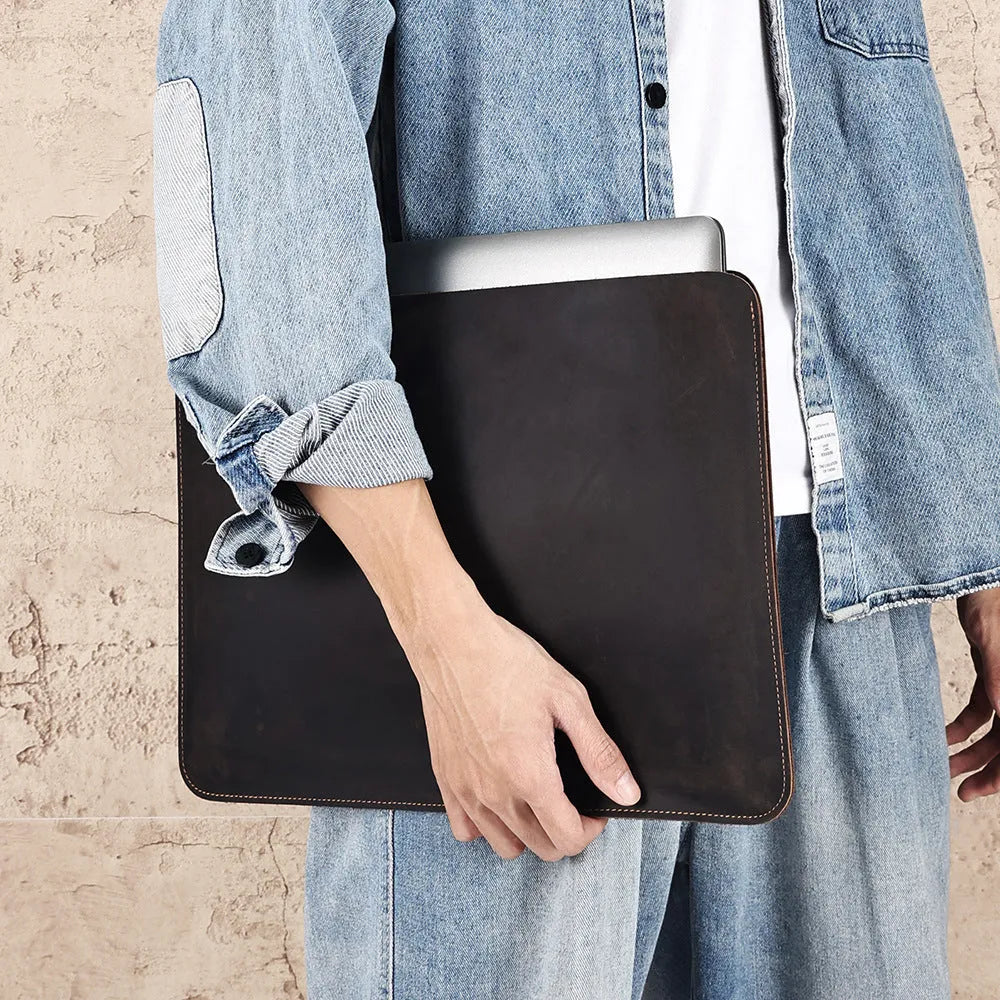 Men's brown genuine leather horizontal laptop bag with multiple compartments