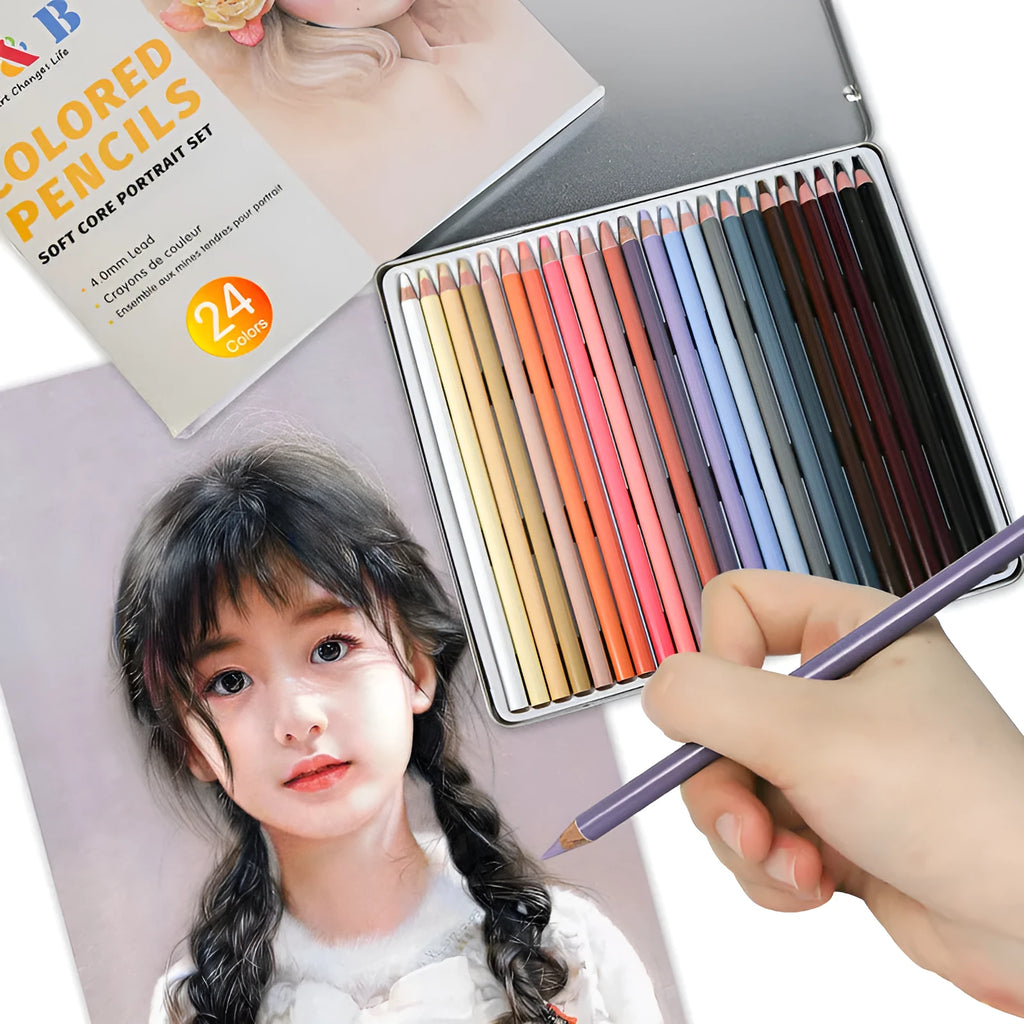 24 skin colour portrait pencils in metal tin with round brush pot for hand-painted artwork