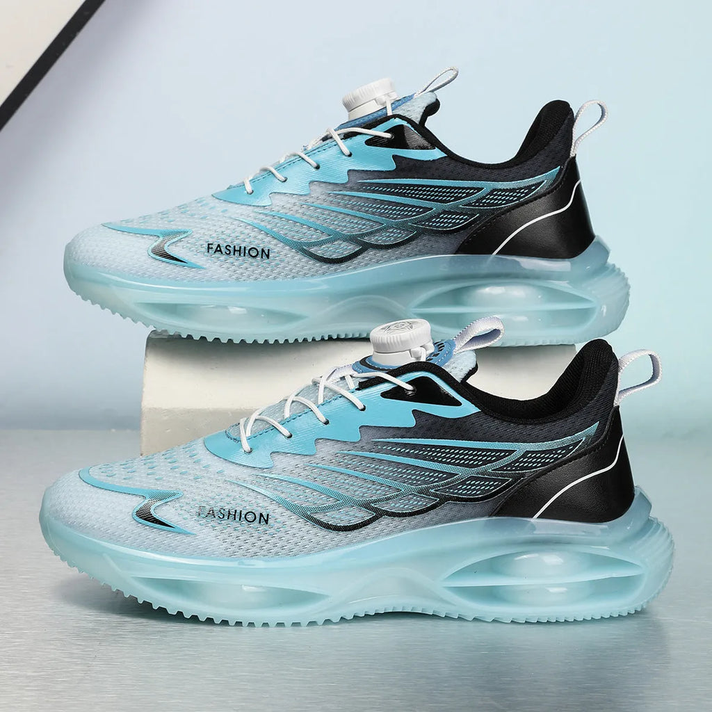 Breathable casual running shoes in sky blue, black gold or white with mesh upper and rubber sole