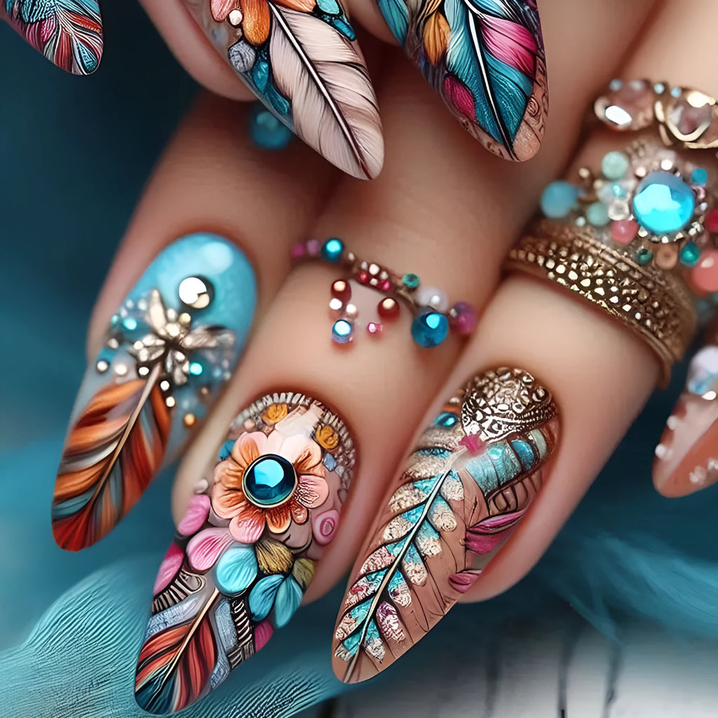 Retro colourful feather wear armour nail art set with jelly glue burnishing stick, plastic decorative pieces, for ladies.