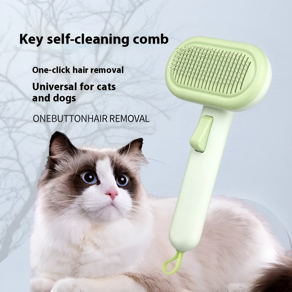 Large cat hair comb with one-click floating shaver for dog pet hair removal and knot untying in light grey.