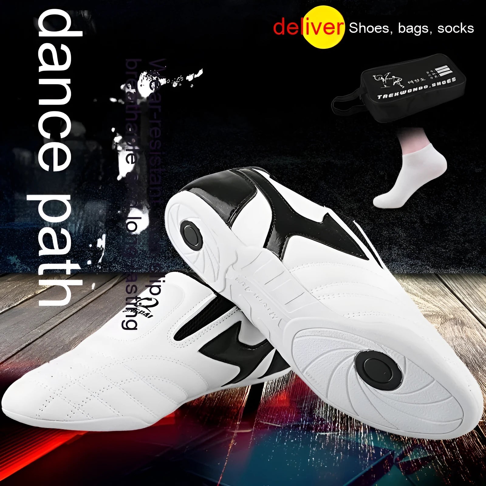 Children's black and white Taekwondo shoes with soft bottom and widened PU leather upper for training
