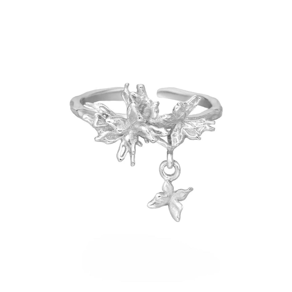Silver butterfly ring with adjustable opening in electroplated white gold or 18K gold colour