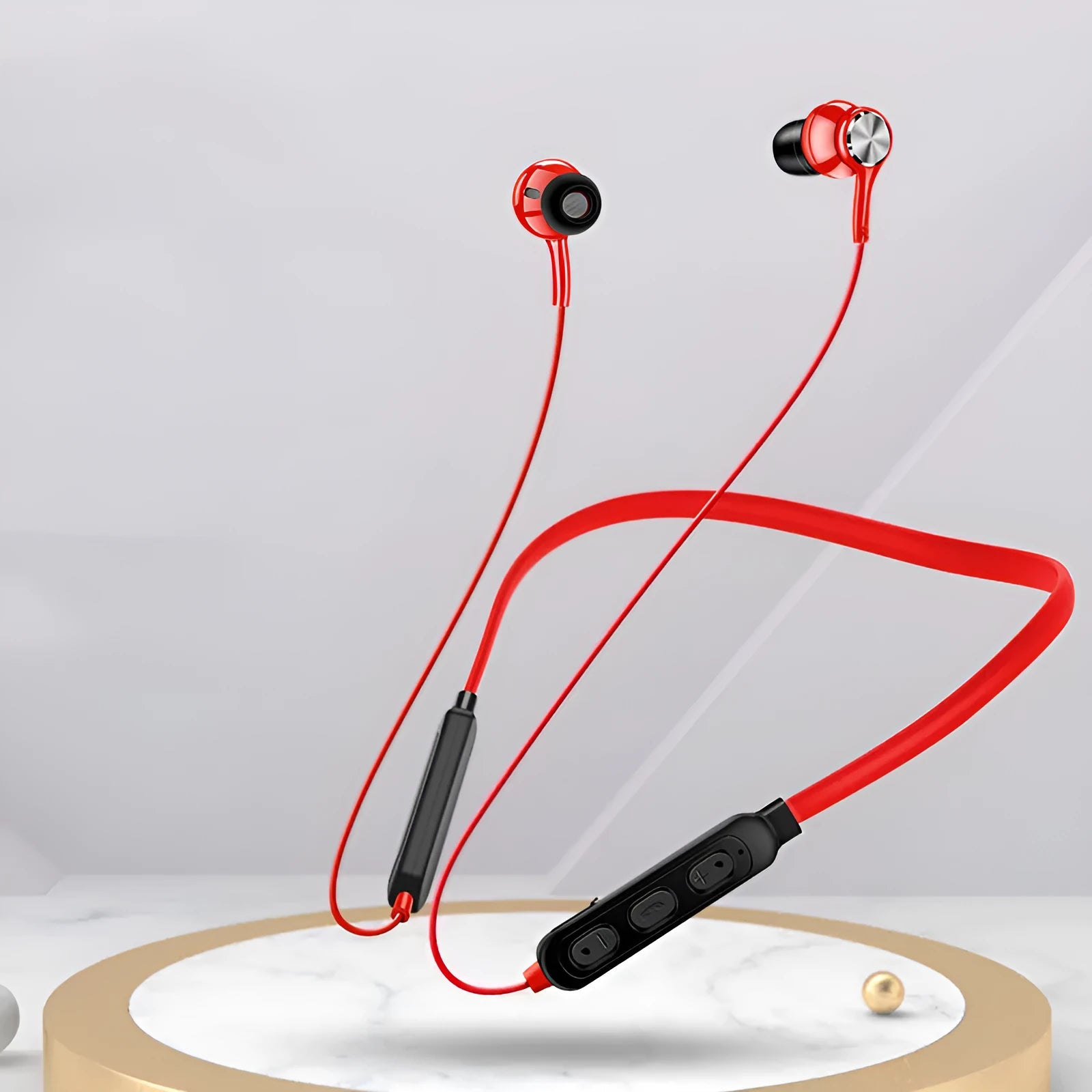 Neckband sports Bluetooth earphones in black, red, or white colours with 10m range and 6-hour battery