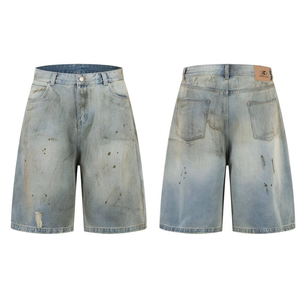 Men's washed blue cropped denim jeans with straight leg and zipper fly