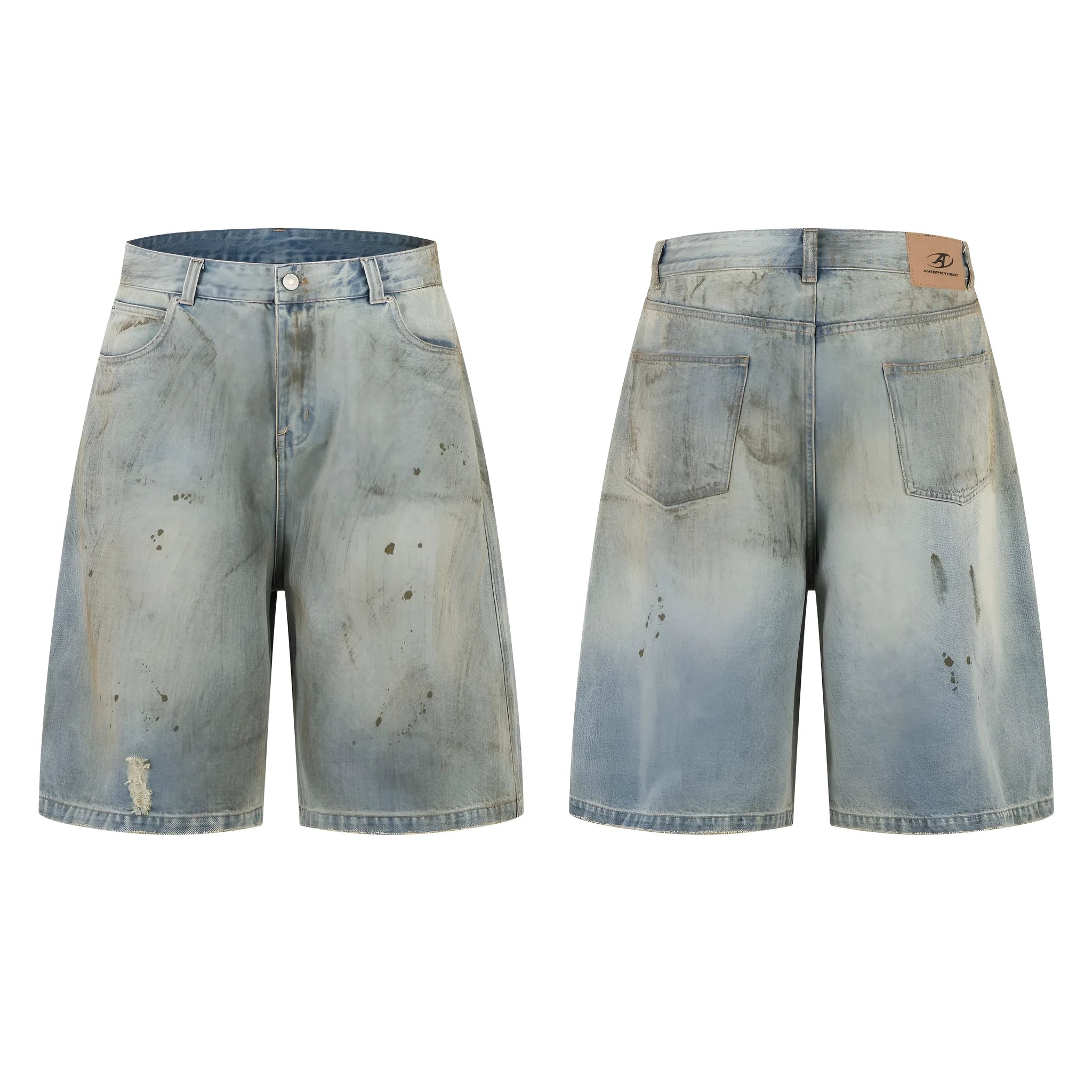 Men's washed blue cropped denim jeans with straight leg and zipper fly