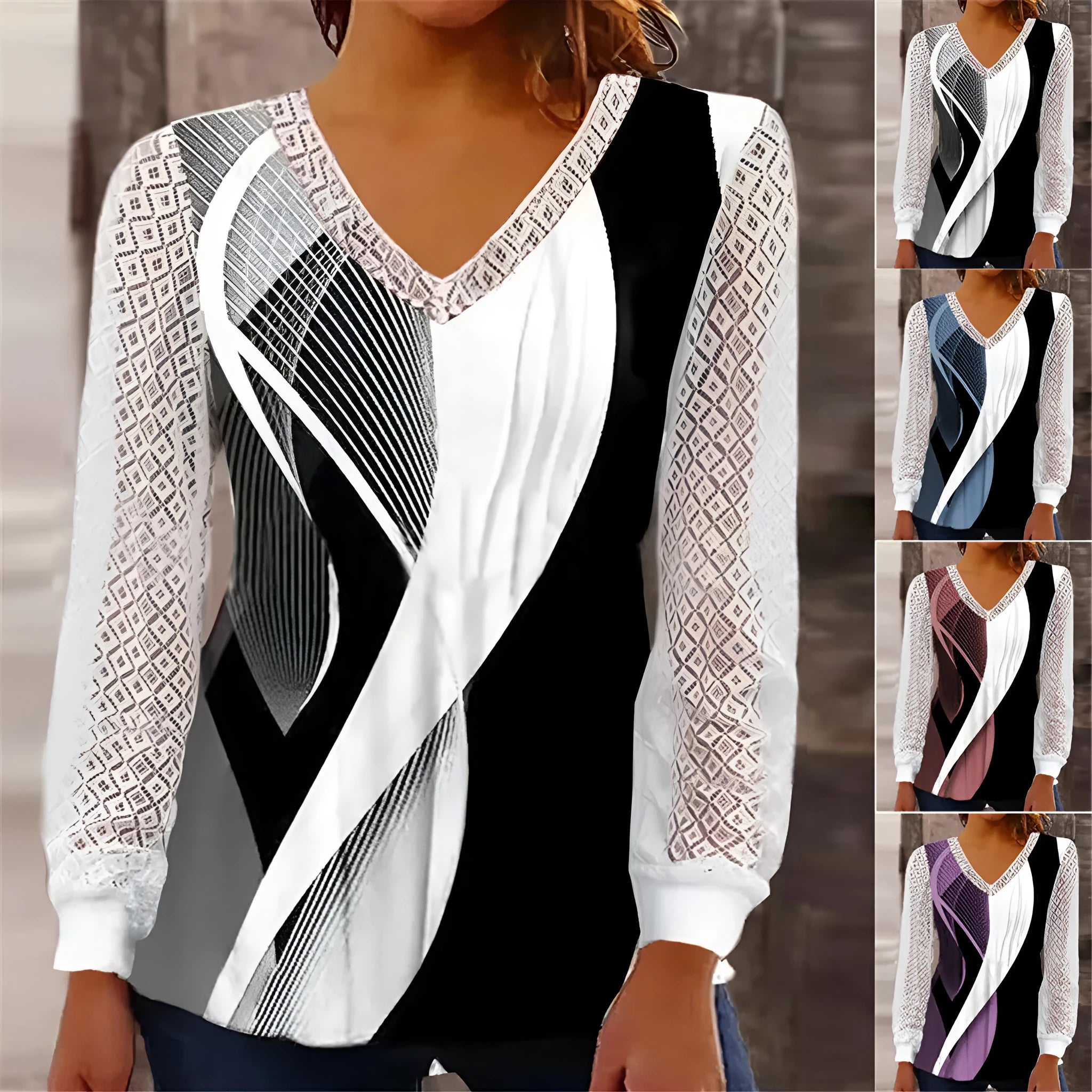 V-neck loose print hollow-out lace top for women, long sleeve pullover, purple colour, medium length 65cm