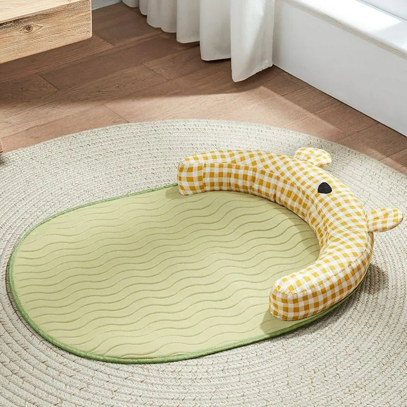 Green pet cooling mat for small dog in size L, 75 x 55cm, on a wooden floor