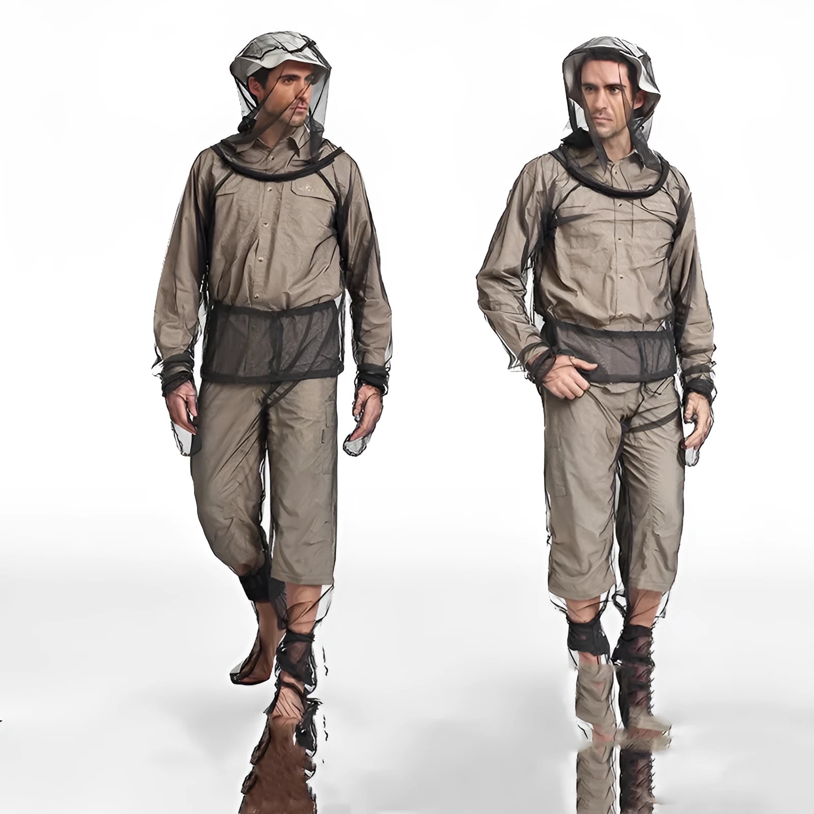 Mesh anti mosquito suit four-piece set showing hooded top, pants, and booties for outdoor activities.