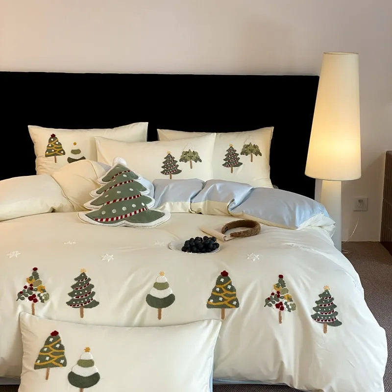 Pure cotton bedding set with embroidered Christmas tree pattern in cream blue or green, showing duvet cover, sheet, and pillowcases.