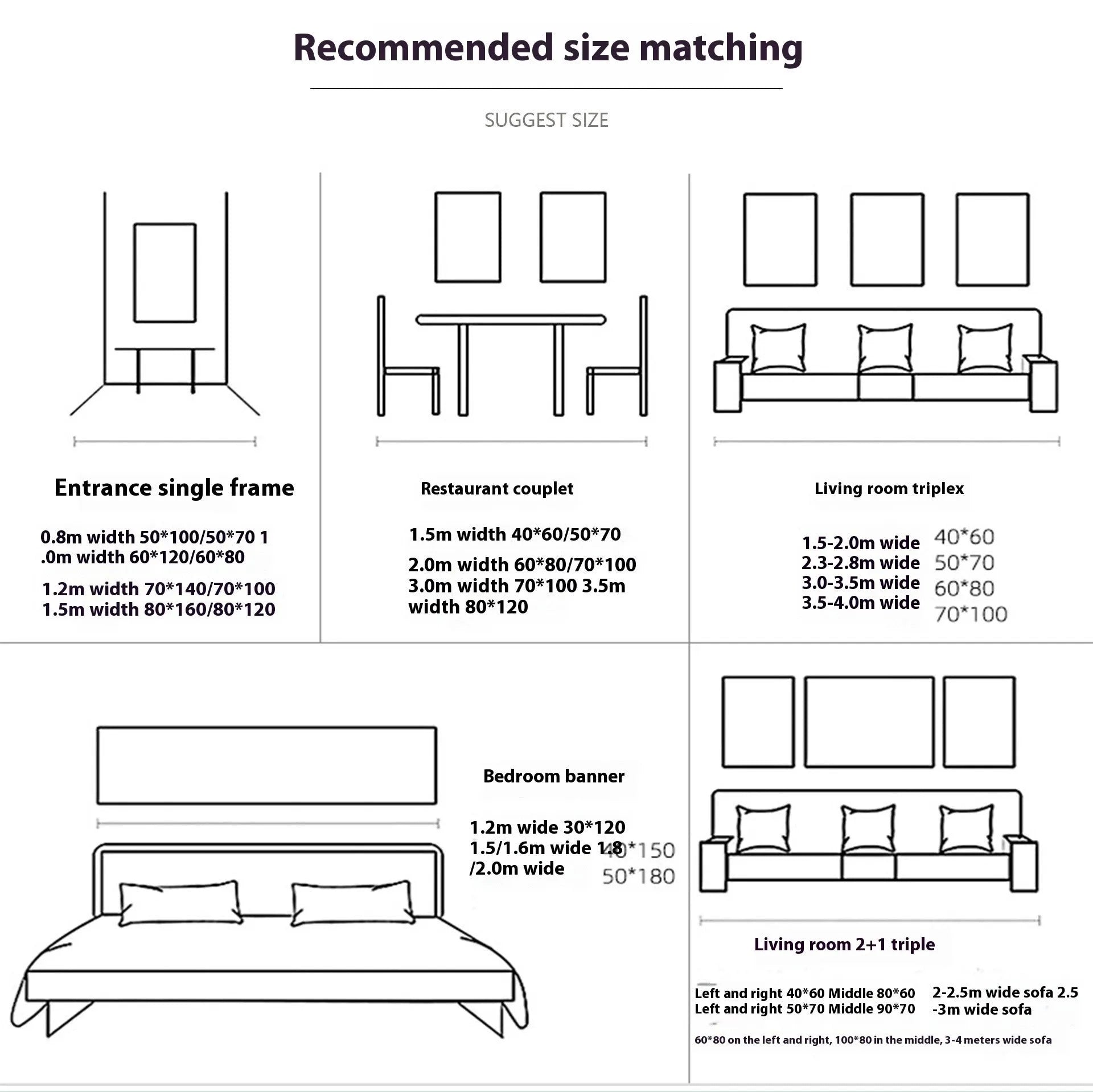Modern frameless canvas wall painting with solid wood frame, shown in multiple size options