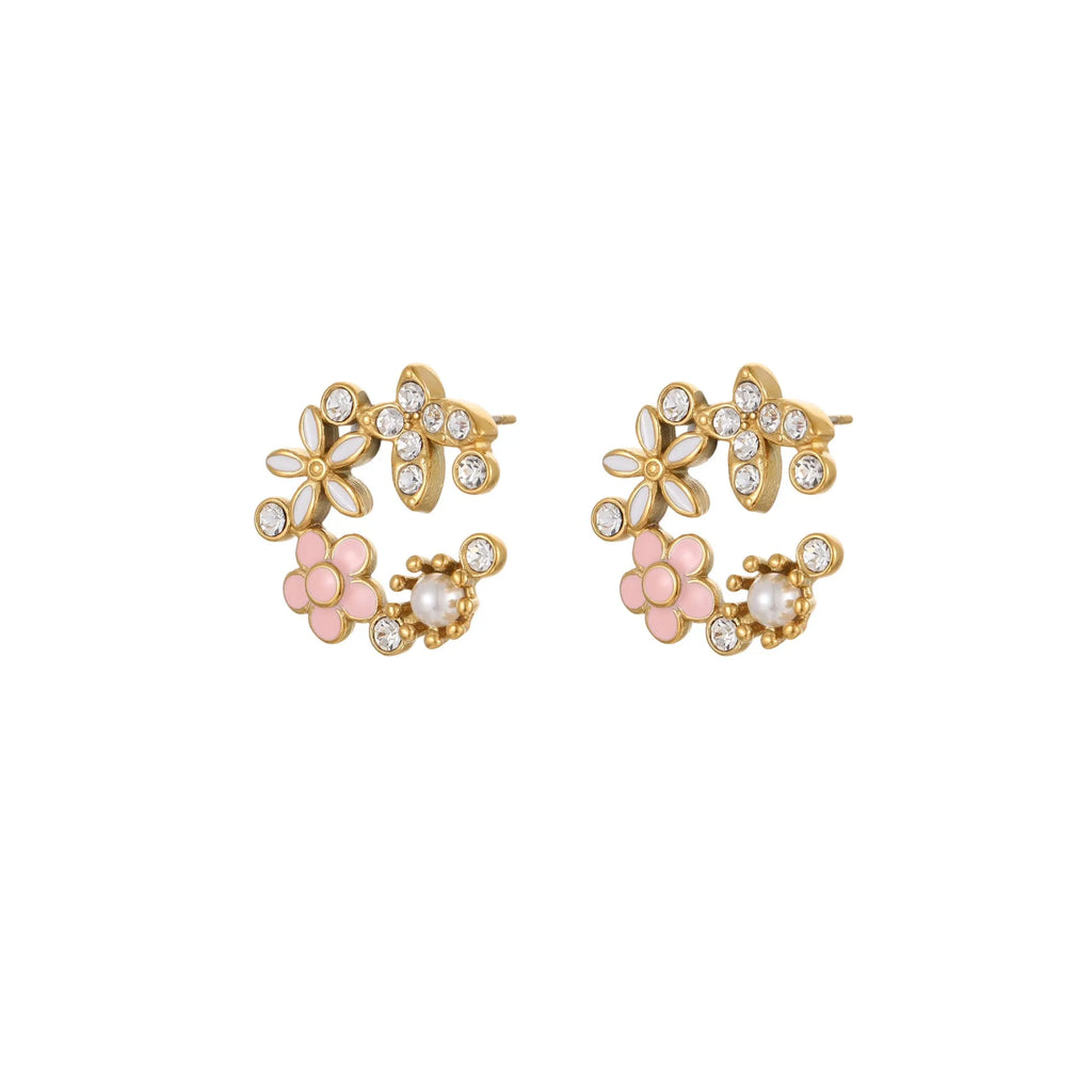 Diamond colourful oil flower stud earrings with petal design and 18K gold electroplating on stainless steel