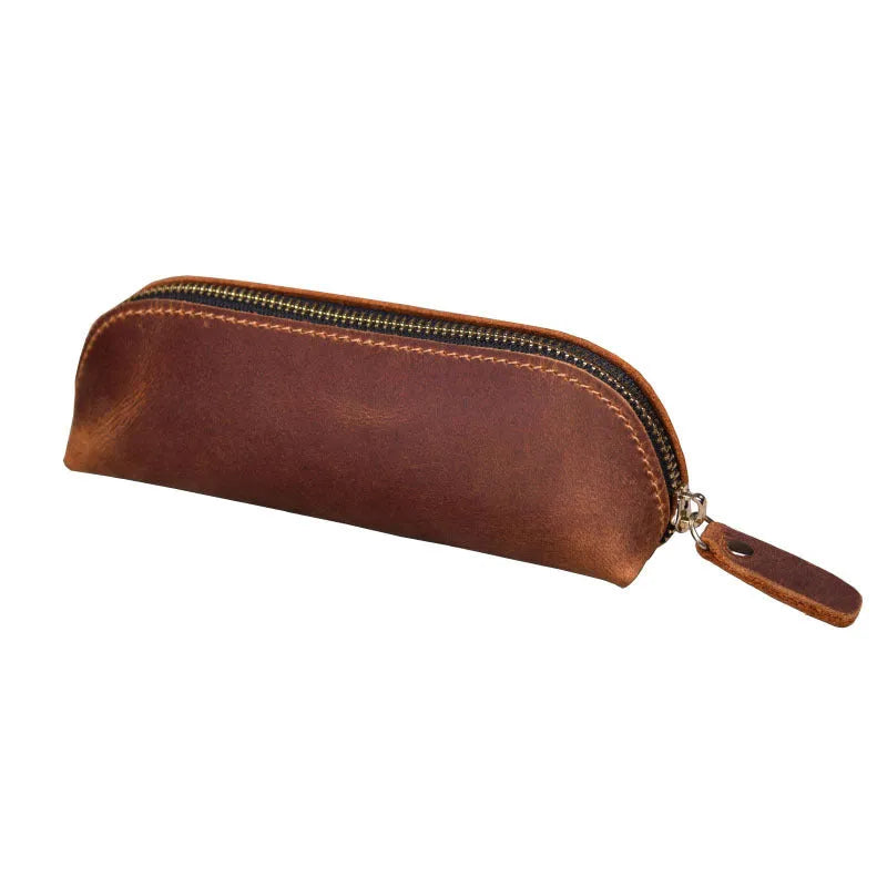 Genuine cowhide leather pencil case in square design with zipper closure measuring 18cm