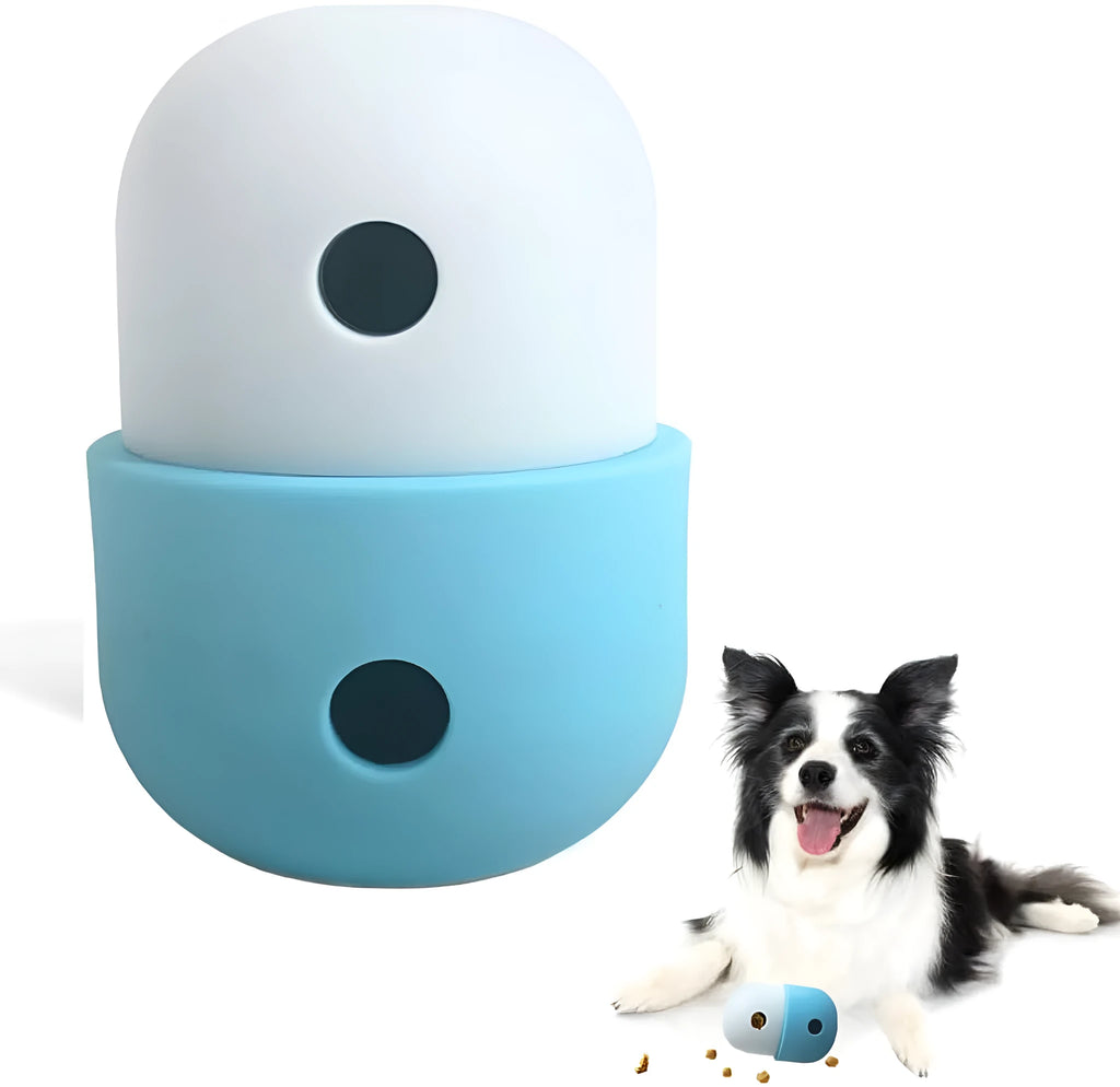 Food grade silicone dog treat puzzle ball in assorted two-tone colours, 8cm diameter.
