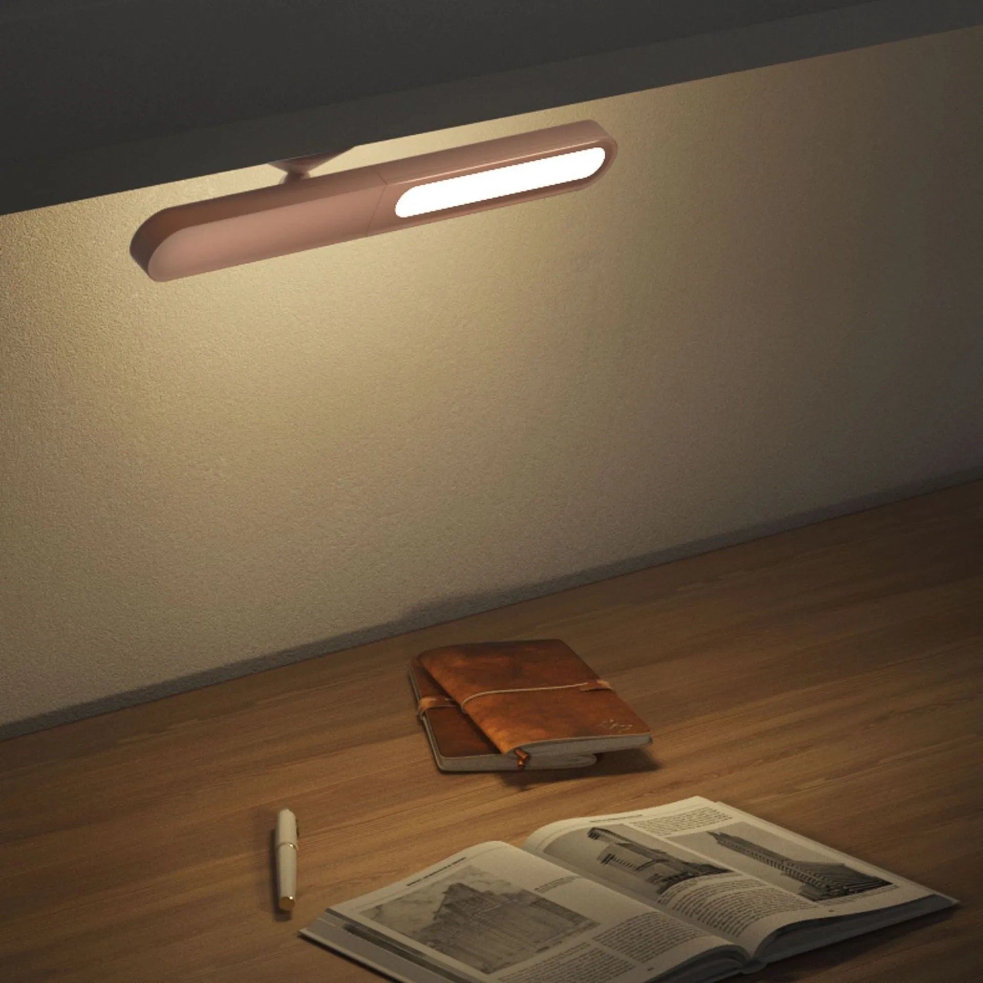 Geometric creative desk lamp with magnetic base shown in white on a desk.