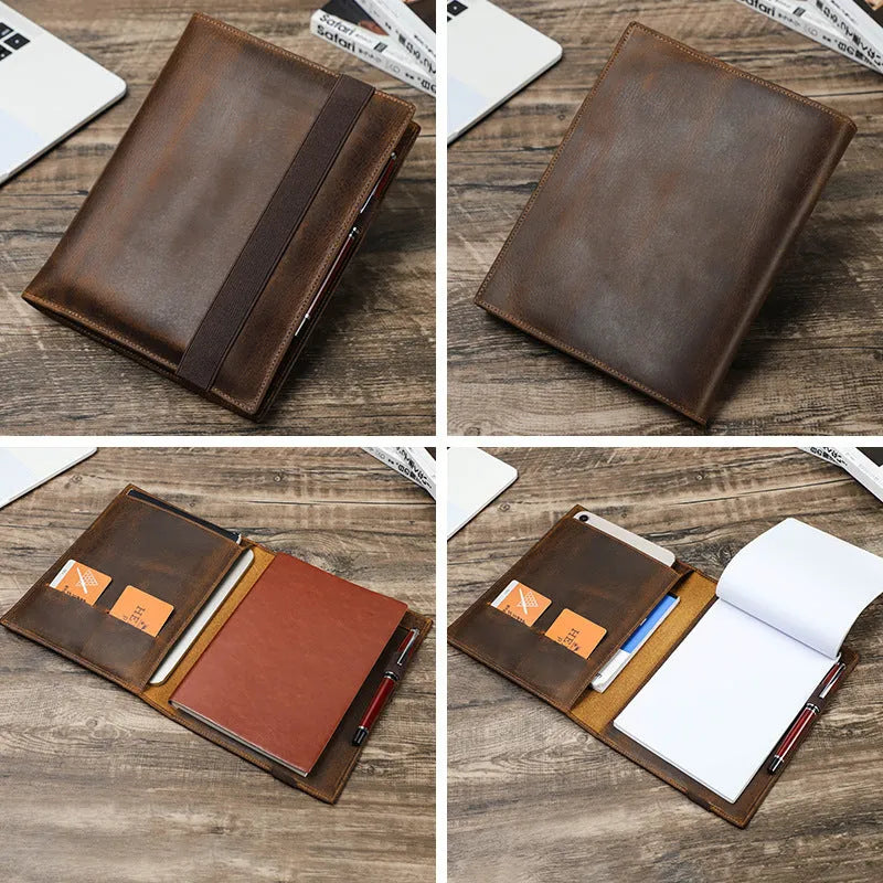Brown Crazy Horse leather A5 notebook protective sleeve with socket-type closure