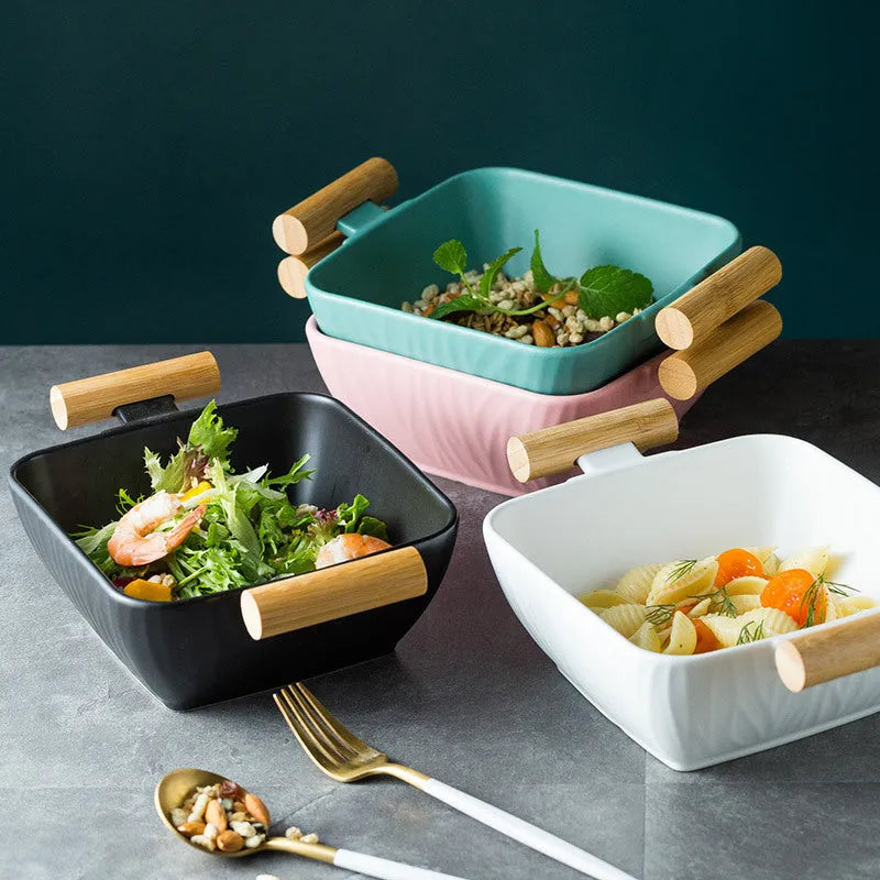 Modern irregular shaped porcelain ceramic bowl with matching lid in choice of four colours