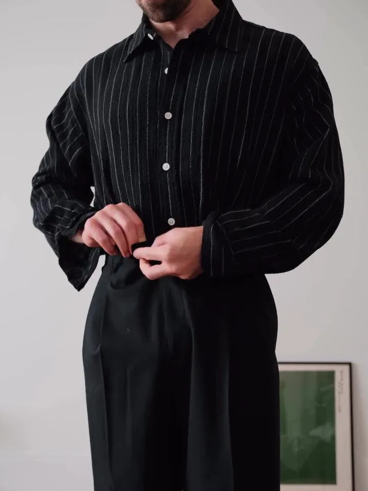Men's black pinstripe button-down shirt with regular fit and traditional collar