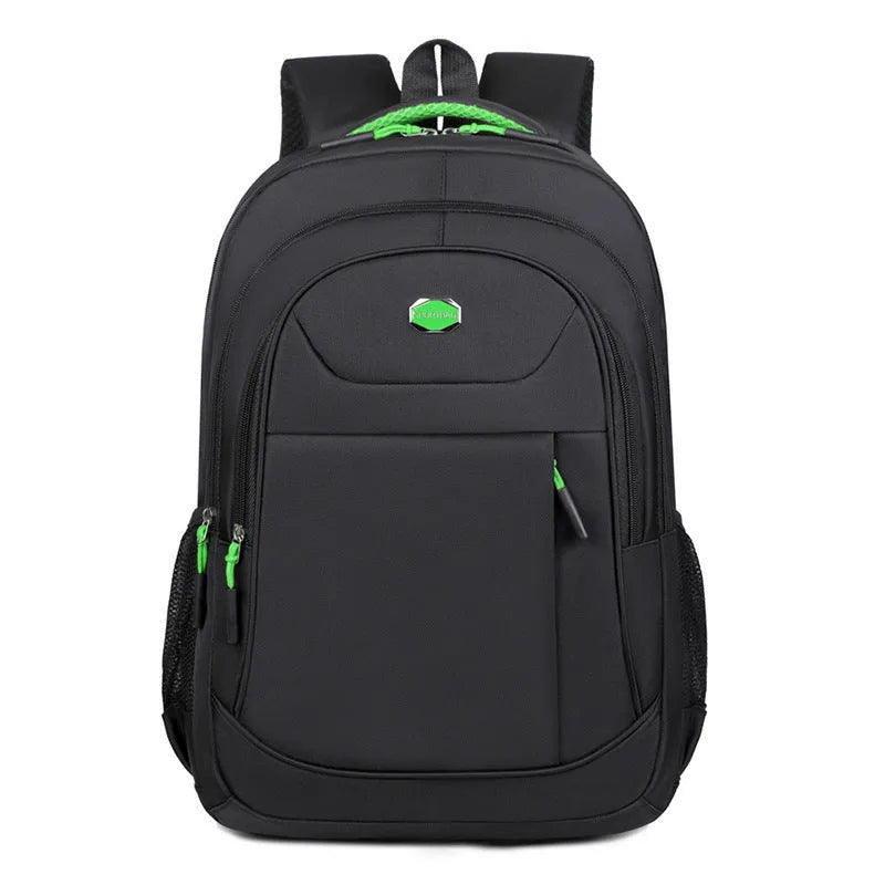 Solid colour Oxford cloth multi-layer backpack with curved shoulder straps in black, blue, green, and red