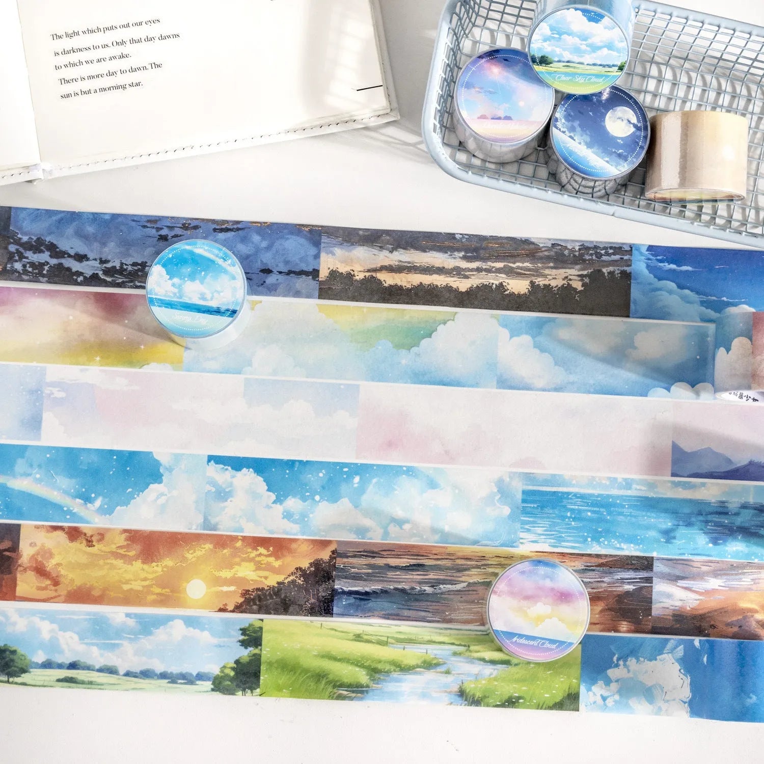 Japanese paper washi tape journal stickers showing six sky patterns including colourful clouds and twilight on 30mm wide 2m long roll