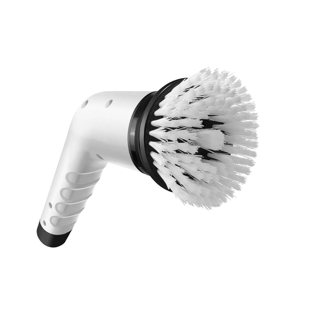 White rechargeable handheld cleaning ball with brush attachments and USB charging cable