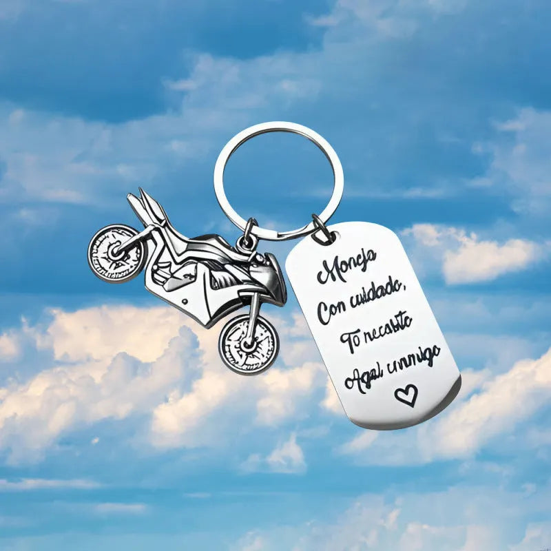 Stainless steel motorcycle keychain with modern simplicity design and velvet cloth packaging