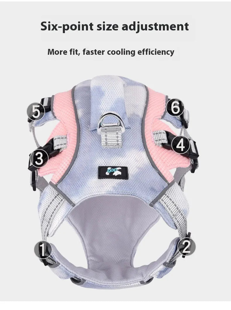 Reflective light blue dog cooling chest strap harness with metal chain ring.