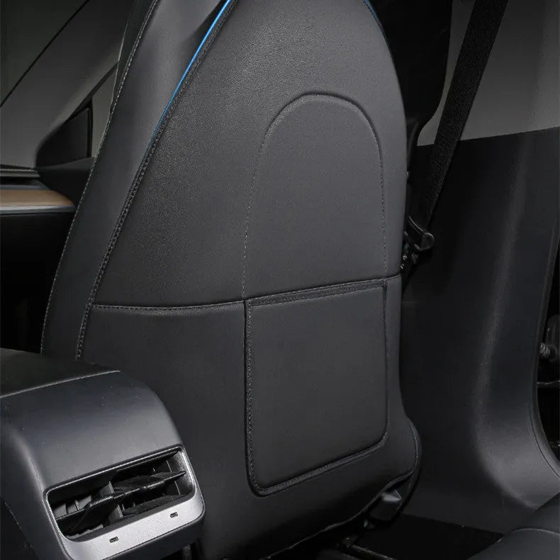 Black leather motorcycle anti kick pad with storage pocket, shown alongside a second pad