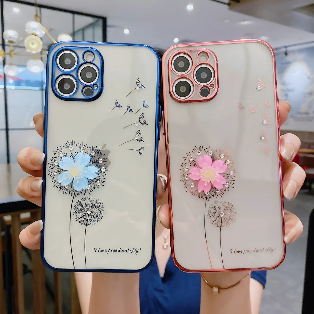 Green 3D floral pattern iPhone case with a built-in screen protector and a spin stand on the back.