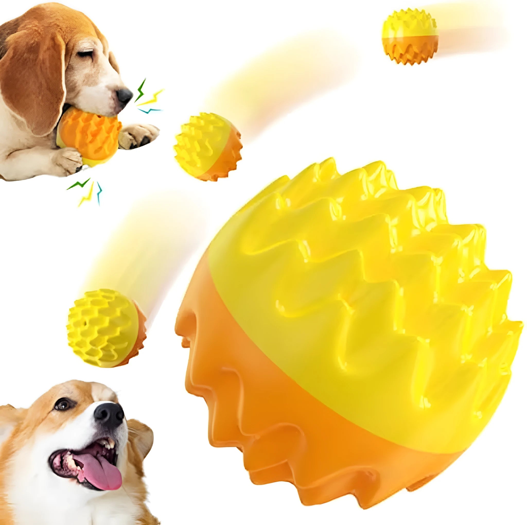 Blue and orange squeaky rubber dog ball with textured dental cleaning surface